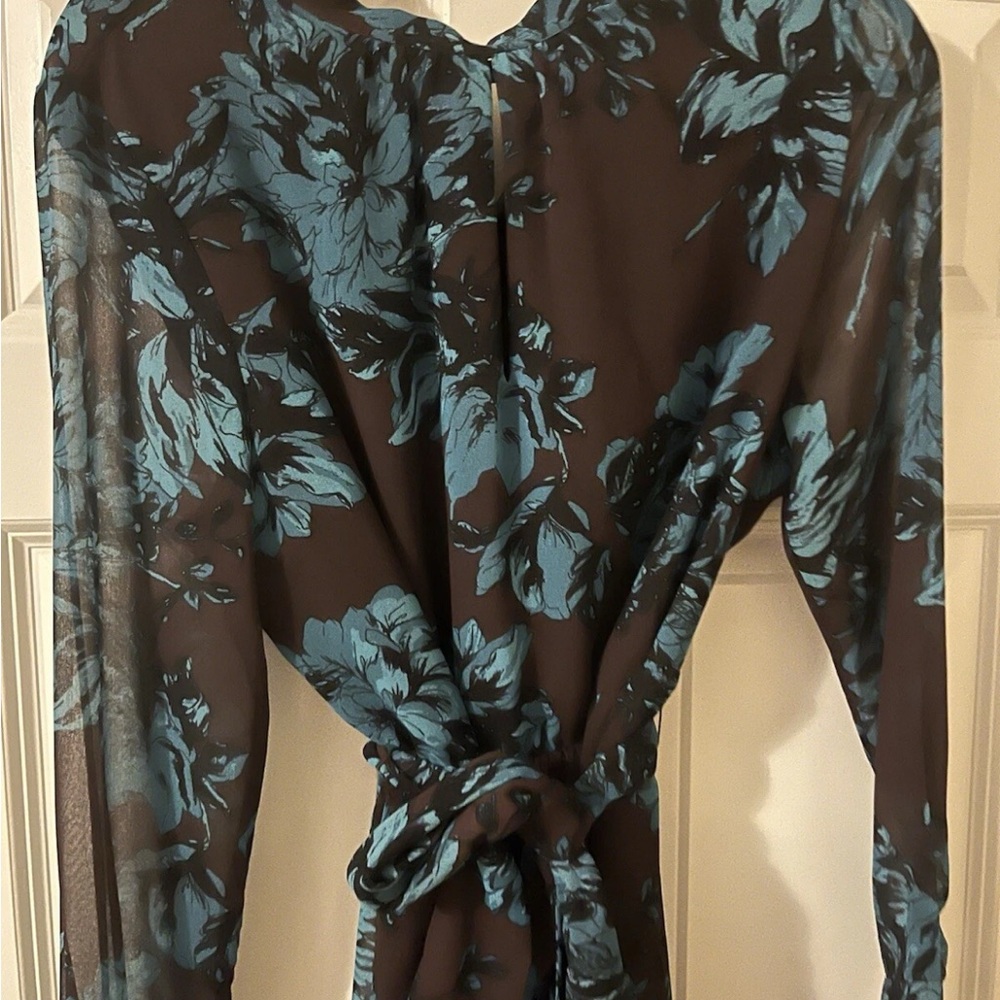 NWOT WHO WHAT WEAR CHOCOLATE & TEAL BLUE Floral Sheer MAXI DRESS  with Tie Waist